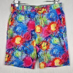 Hreski Multicolor Golf Shorts Mens 34 Flat Front Splatter Paint Colorful 10" EUC